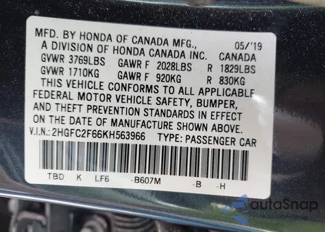 2019 Honda Civic Lx z USA, uszkodzony, nr VIN 2HGFC2F66KH563966